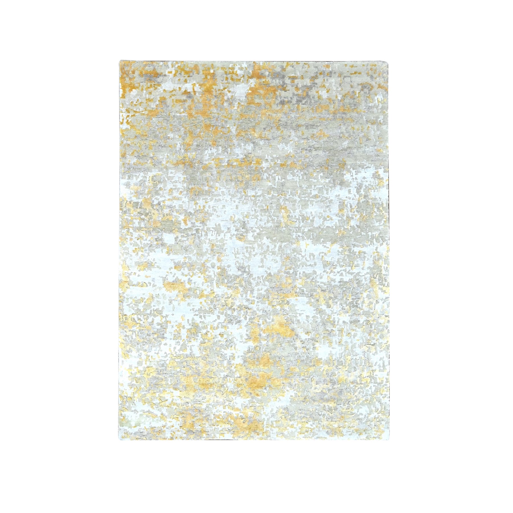 5'x7' Beige with Gold, Hand Knotted, Abstract Design, Wool and Silk, Hi-Low Pile, Oriental Rug HR10200