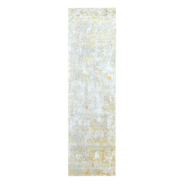 2'6"x9'9" Beige with Gold, Abstract Design, Wool and Silk, Hi-Low Pile, Densely Woven, Hand Knotted, Runner, Oriental Rug HR10204