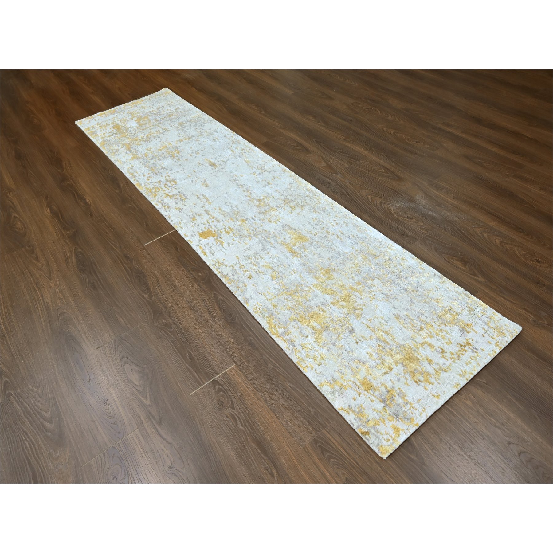2'6"x9'9" Beige with Gold, Abstract Design, Wool and Silk, Hi-Low Pile, Densely Woven, Hand Knotted, Runner, Oriental Rug HR10204 - Image 2