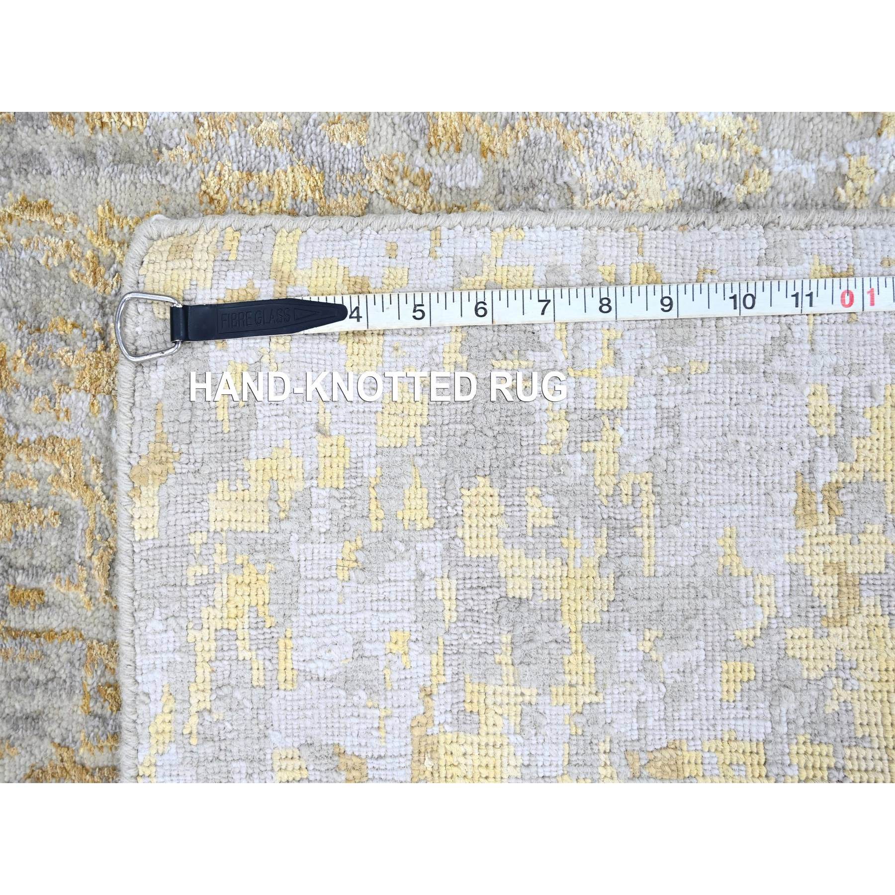 2'6"x9'9" Beige with Gold, Abstract Design, Wool and Silk, Hi-Low Pile, Densely Woven, Hand Knotted, Runner, Oriental Rug HR10204 - Image 8