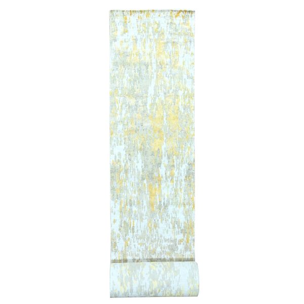 2'7'x23'6" Beige with Gold, Abstract Design, Wool and Silk, Hi-Low Pile, Hand Knotted, XL Runner, Oriental Rug HR10207
