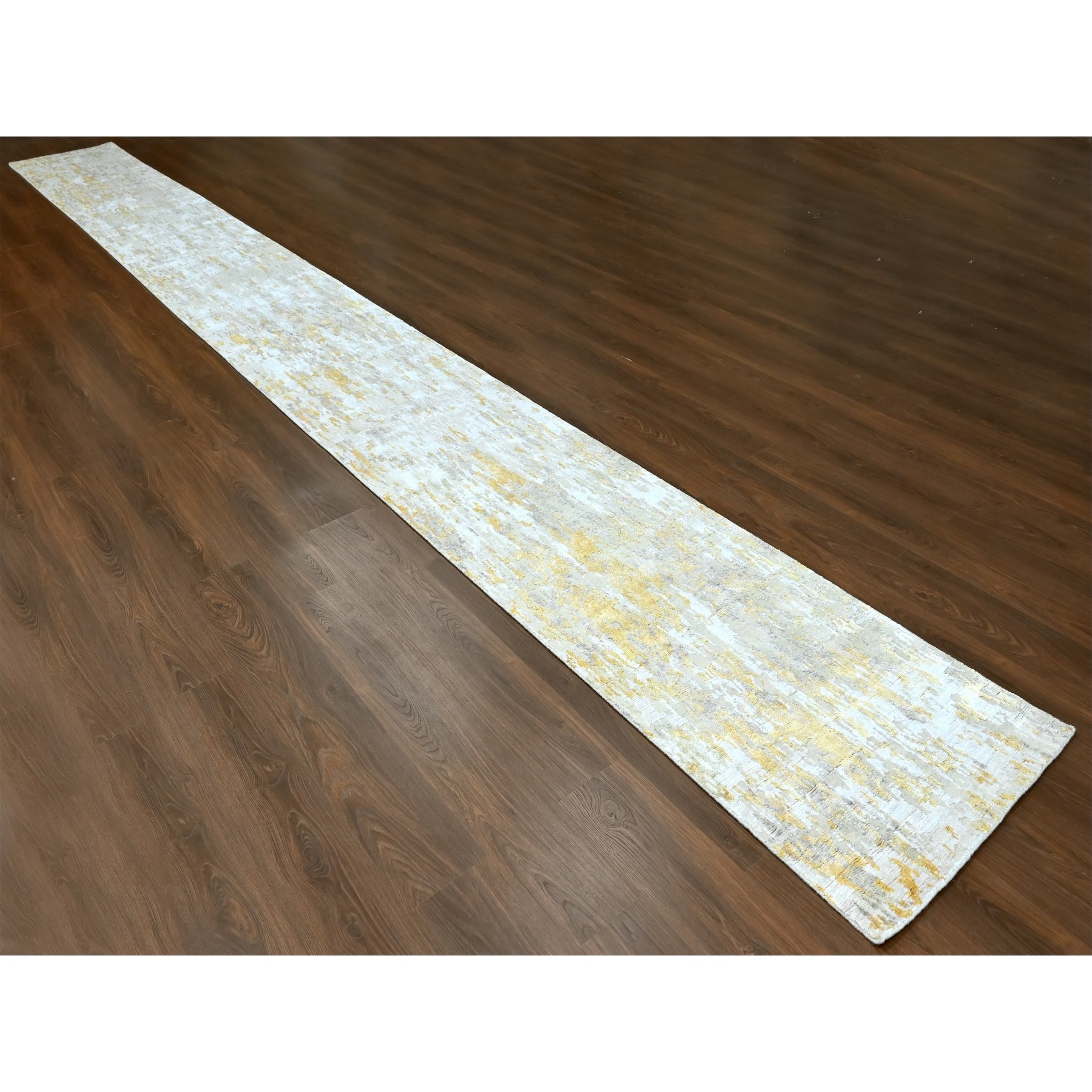 2'7'x23'6" Beige with Gold, Abstract Design, Wool and Silk, Hi-Low Pile, Hand Knotted, XL Runner, Oriental Rug HR10207 - Image 2