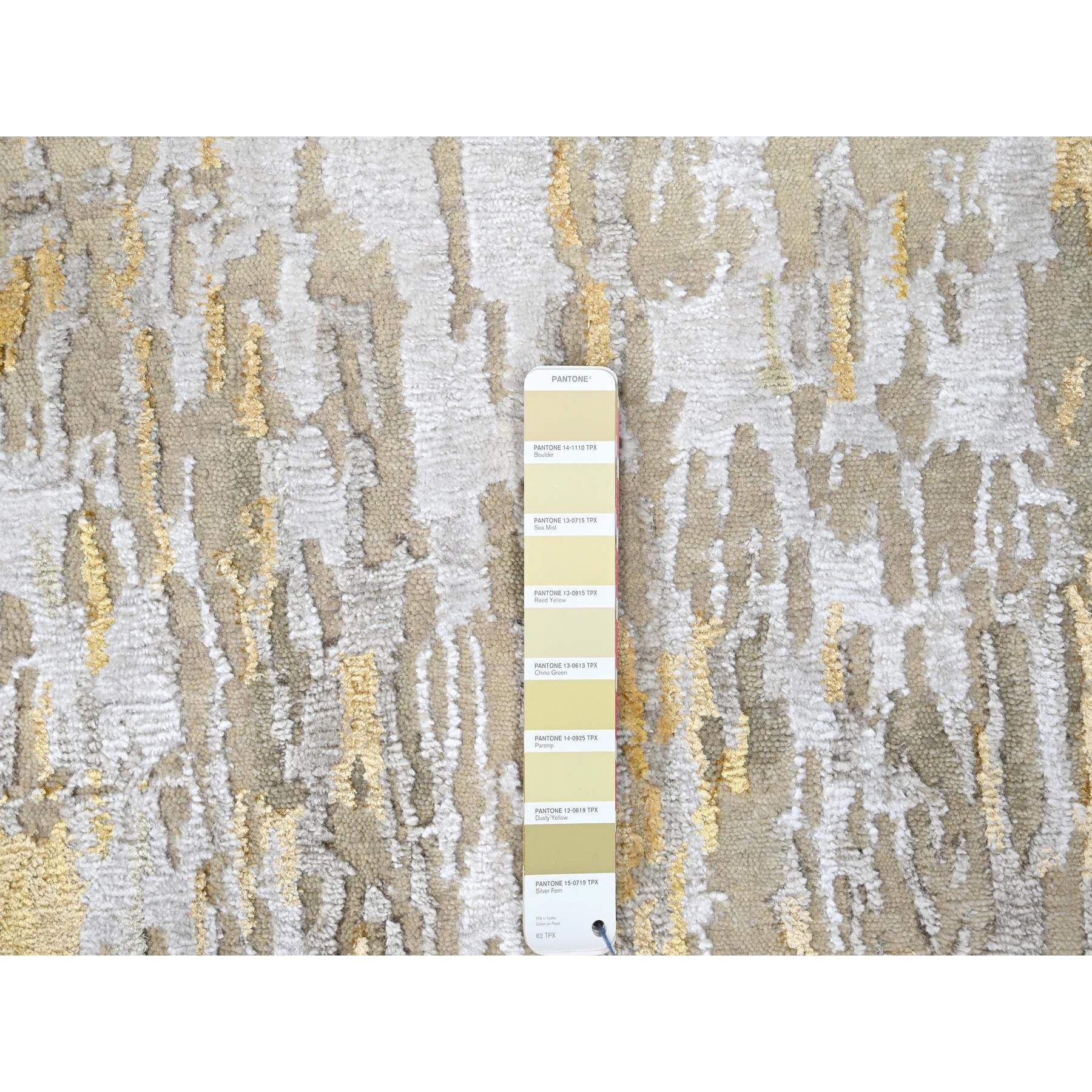 2'7'x23'6" Beige with Gold, Abstract Design, Wool and Silk, Hi-Low Pile, Hand Knotted, XL Runner, Oriental Rug HR10207 - Image 4