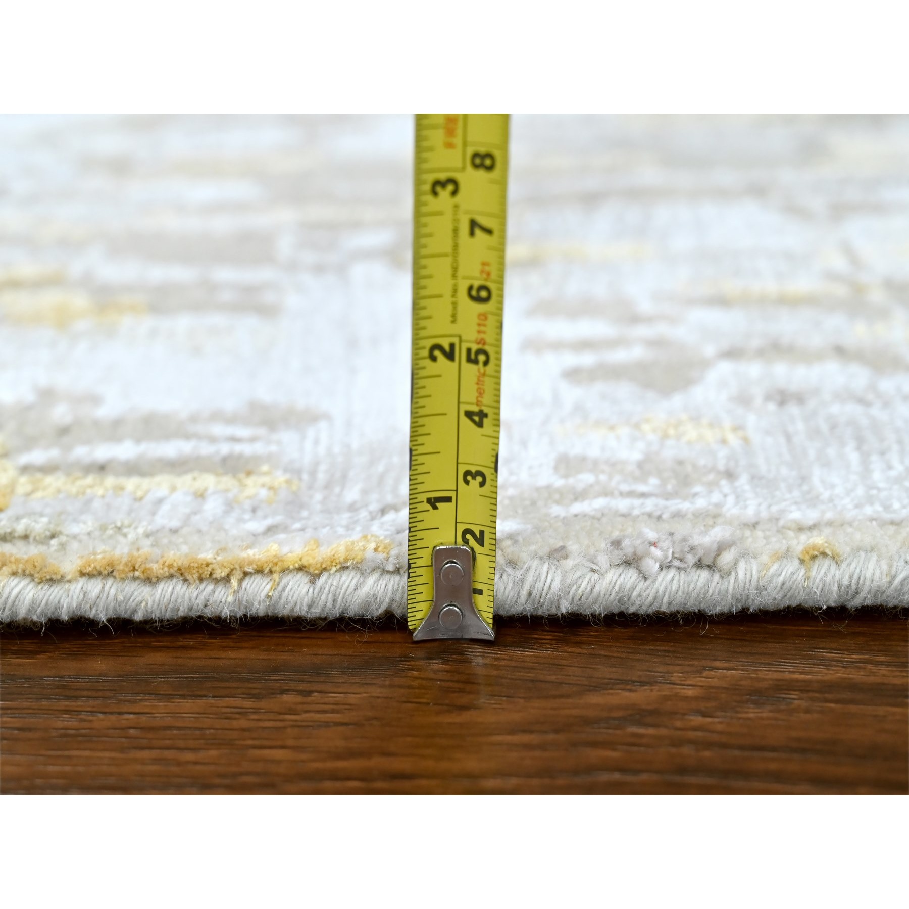 2'7'x23'6" Beige with Gold, Abstract Design, Wool and Silk, Hi-Low Pile, Hand Knotted, XL Runner, Oriental Rug HR10207 - Image 7