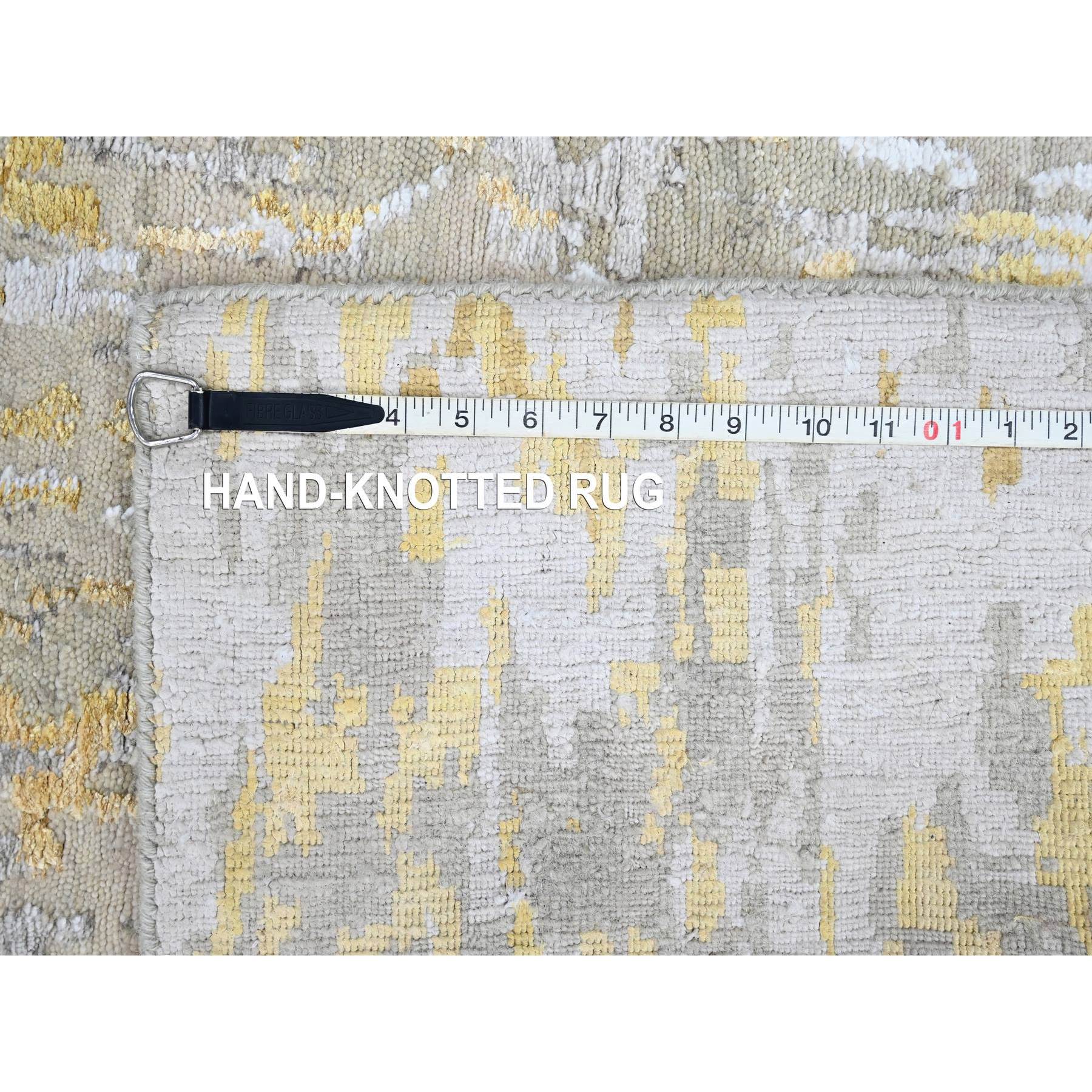 2'7'x23'6" Beige with Gold, Abstract Design, Wool and Silk, Hi-Low Pile, Hand Knotted, XL Runner, Oriental Rug HR10207 - Image 8