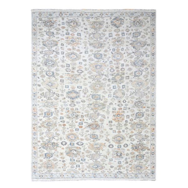 8'10"x11'10" Chiffon White, Antiqued Persian with Ziegler Mahal Design, Distressed, Zero Pile, Shaved Low, Oxidized, Pure Wool, Hand Knotted, Oriental Rug HR10215