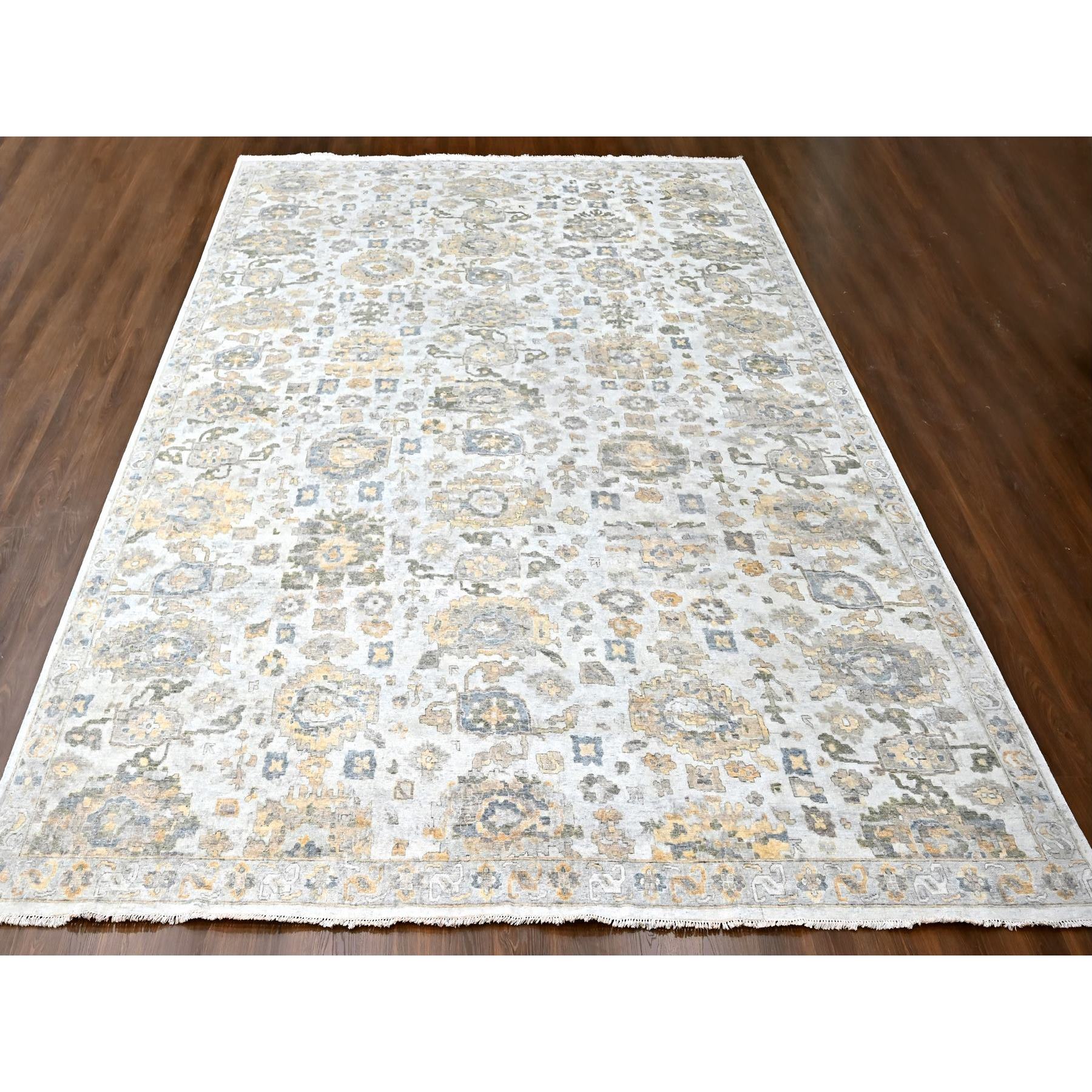 12'1"x15' Cloud Gray, Oxidized, Antiqued Persian with Ziegler Mahal Design, Distressed, Zero Pile, Shaved Low, Pure Wool, Hand Knotted, Oversized, Oriental Rug HR10217 - Image 2