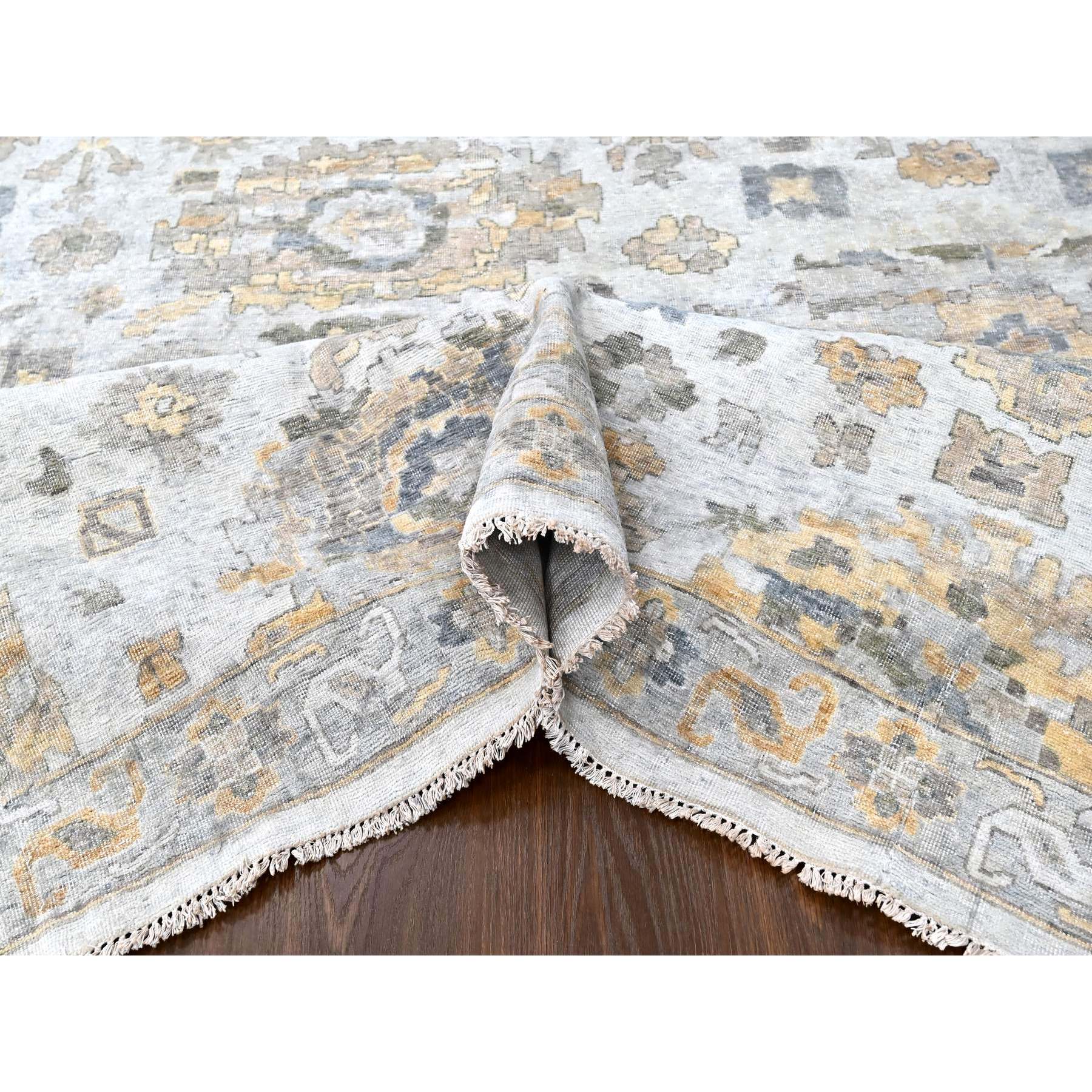 12'1"x15' Cloud Gray, Oxidized, Antiqued Persian with Ziegler Mahal Design, Distressed, Zero Pile, Shaved Low, Pure Wool, Hand Knotted, Oversized, Oriental Rug HR10217 - Image 5