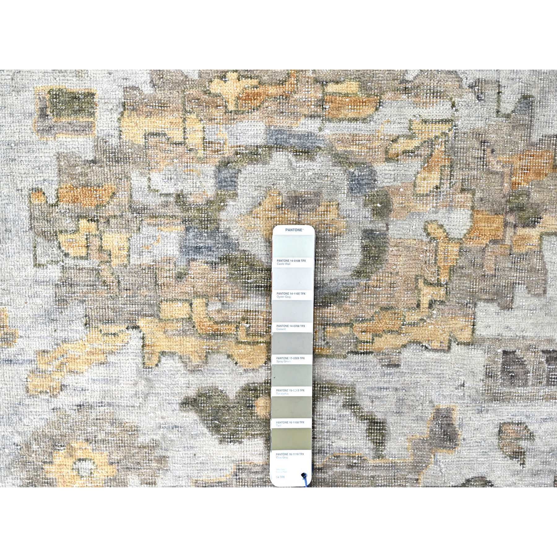 12'1"x15' Cloud Gray, Oxidized, Antiqued Persian with Ziegler Mahal Design, Distressed, Zero Pile, Shaved Low, Pure Wool, Hand Knotted, Oversized, Oriental Rug HR10217 - Image 7