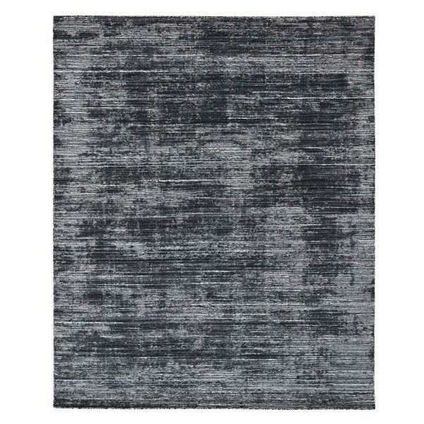 8'3"x10' Onyx Black with a mix of Ivory, Modern Design, Hand Loomed, Wool and Plant Based Silk, Textured Pile, Oriental Rug HR10268