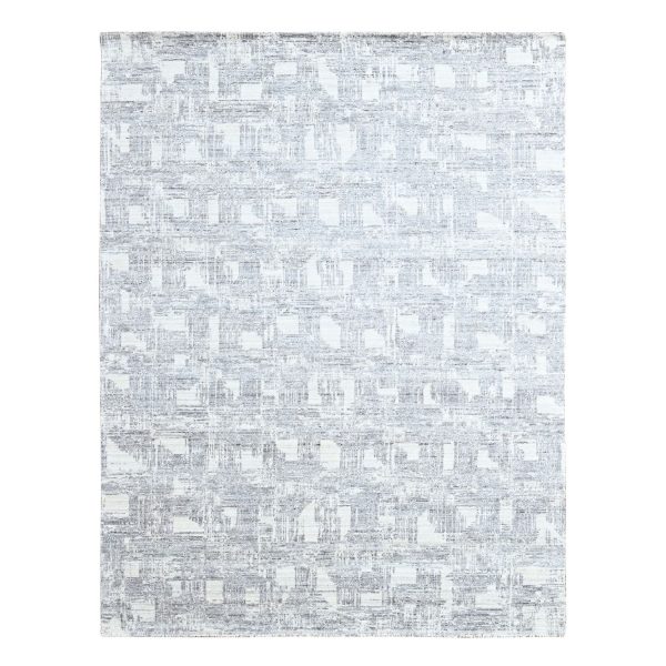 8'x10' Chiffon White, Hand Loomed, Wool and Plant Based Silk, Textured Pile, Modern Grid Like Design, Oriental Rug HR10280