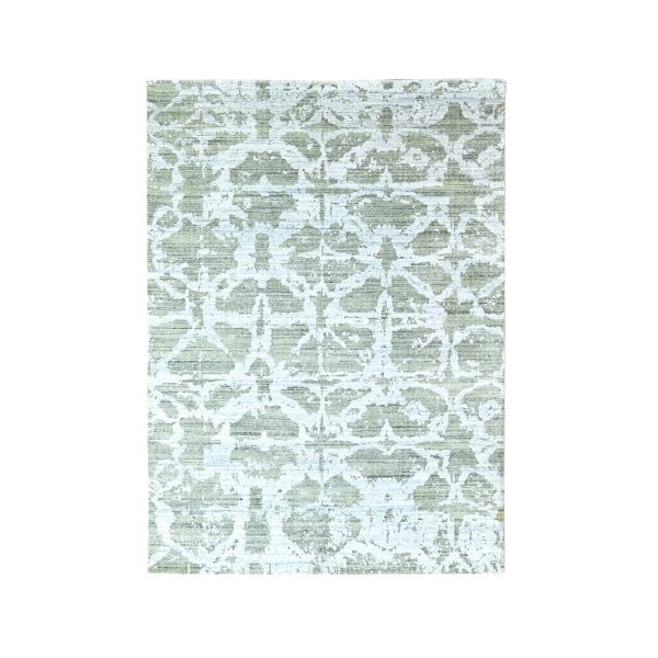 5'5"x7'5" Pistachio Green, Hand Loomed, Wool and Plant Based Silk, Textured Pile, Modern Design, Oriental Rug HR10283