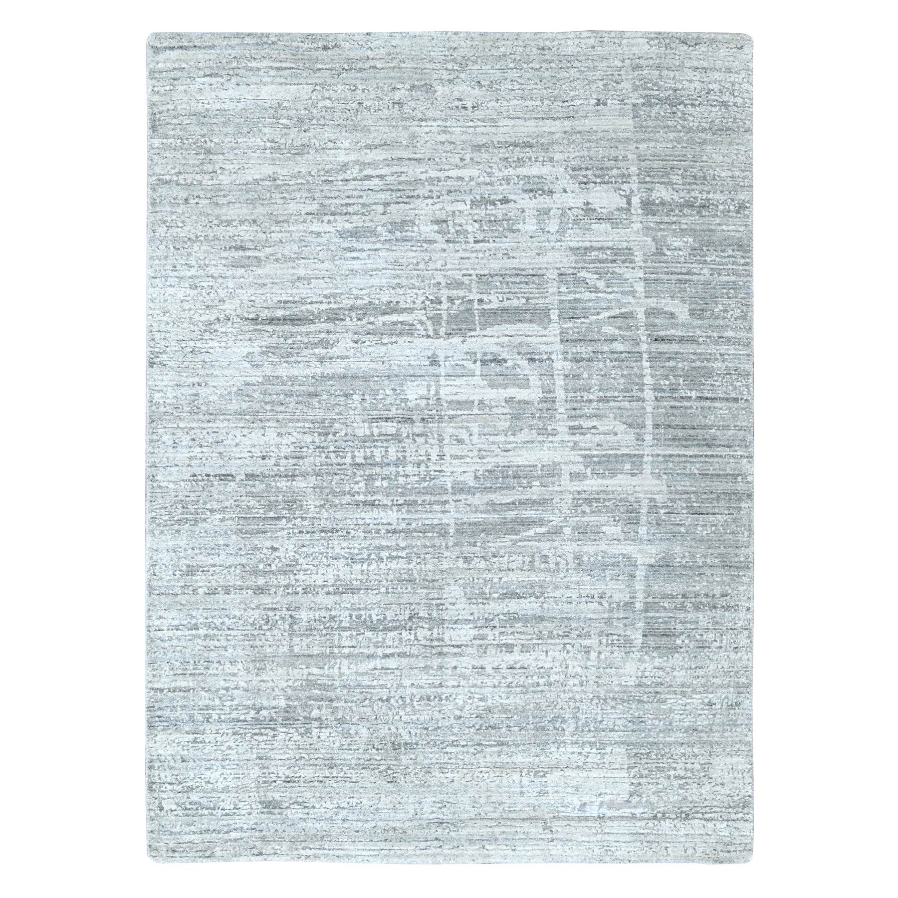 4'2"x6' Misty Gray, Wool and Plant Based Silk, Hand Loomed, Textured Pile, Modern Design, Oriental Rug HR10289