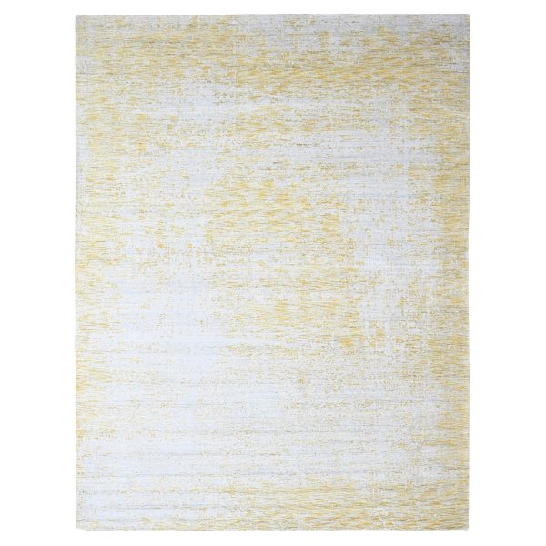 9'10"x13'10" Macaroon Yellow, Hand Loomed, Wool and Plant Based Silk, Textured Pile, Modern Design, Oriental Rug HR10291
