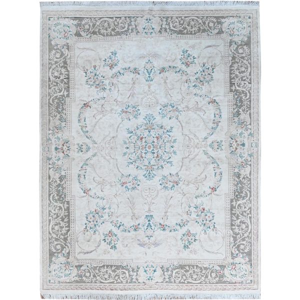 9'x11'9" Daisy White, Washed Out, Aubusson Design, Pak Persian, 300 KPSI, 100% Wool, Hand Knotted, Oriental Rug HR1370