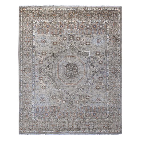 8'1"x10' Pastel Gray, 14th Century Mamluk Dynasty Pattern with Geometric Medallion Design, High Mountain Wool, Hand Knotted, Natural Dyes, Oriental Rug HR20382