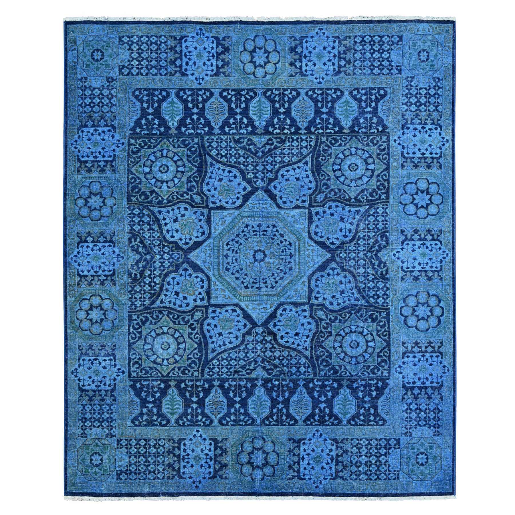 8'x9'6" Bayern Blue, Zero Pile, Peshawar with Mamluk Design, Distressed, 100% Wool, Hand Knotted, Oriental Rug HR20396