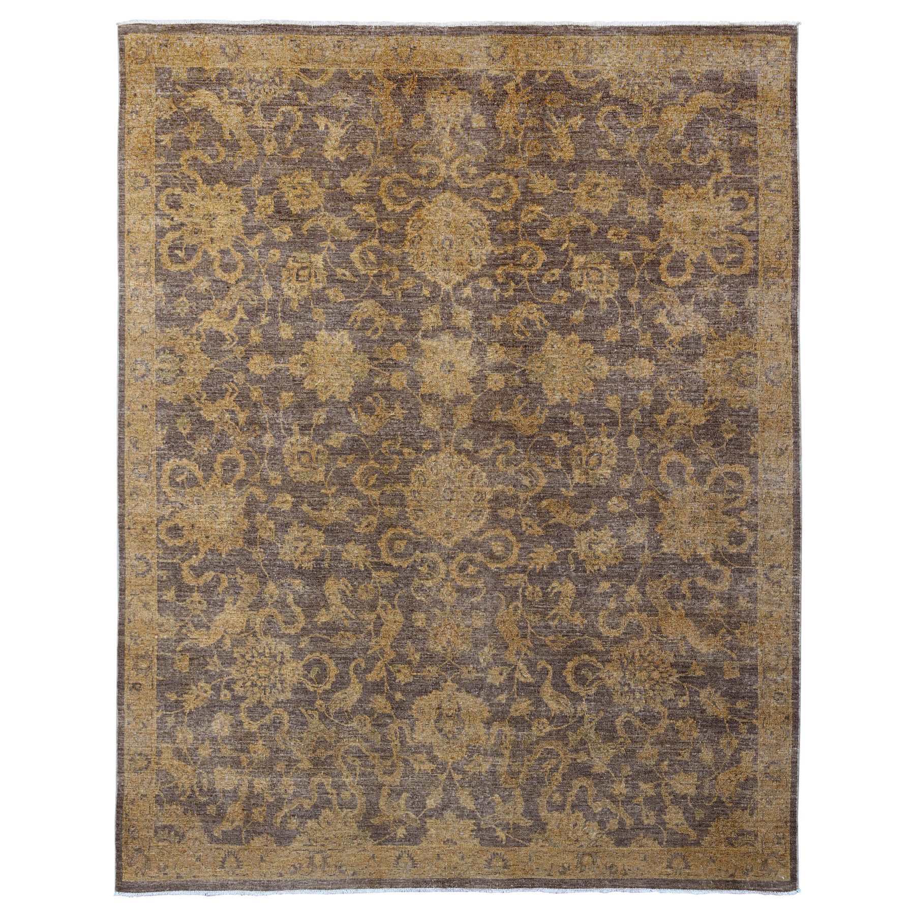 7'10"x10' Chocolate Brown, Peshawar with Ziegler Mahal, All Over Design, Distressed, Zero Pile, Hand Knotted, Pure Wool, Oriental Rug HR20397