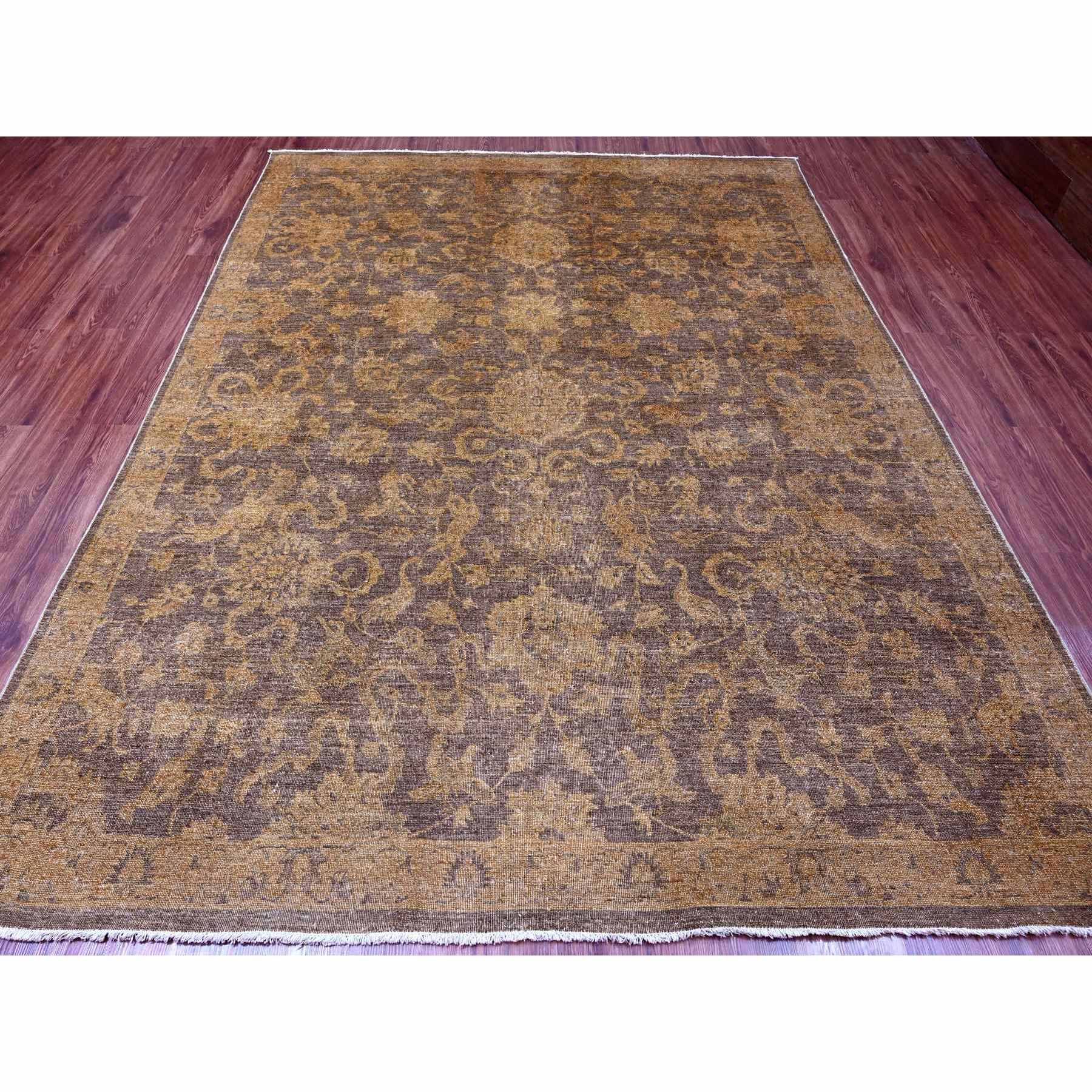 7'10"x10' Chocolate Brown, Peshawar with Ziegler Mahal, All Over Design, Distressed, Zero Pile, Hand Knotted, Pure Wool, Oriental Rug HR20397 - Image 2