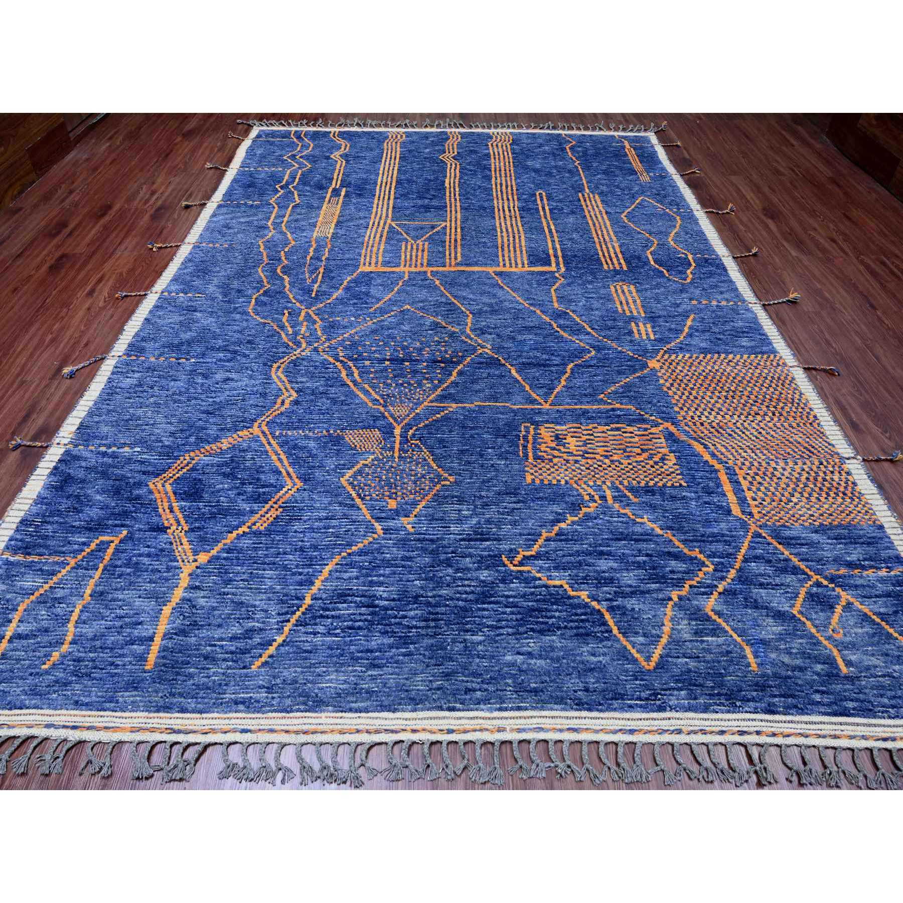 9'x12'5" Cobalt Blue, Moroccan Weave, Arts and Crafts Design with Tassels, Tone on Tone, Hand Knotted, Soft Wool, Textured Pile, Oriental Rug HR20418 - Image 2