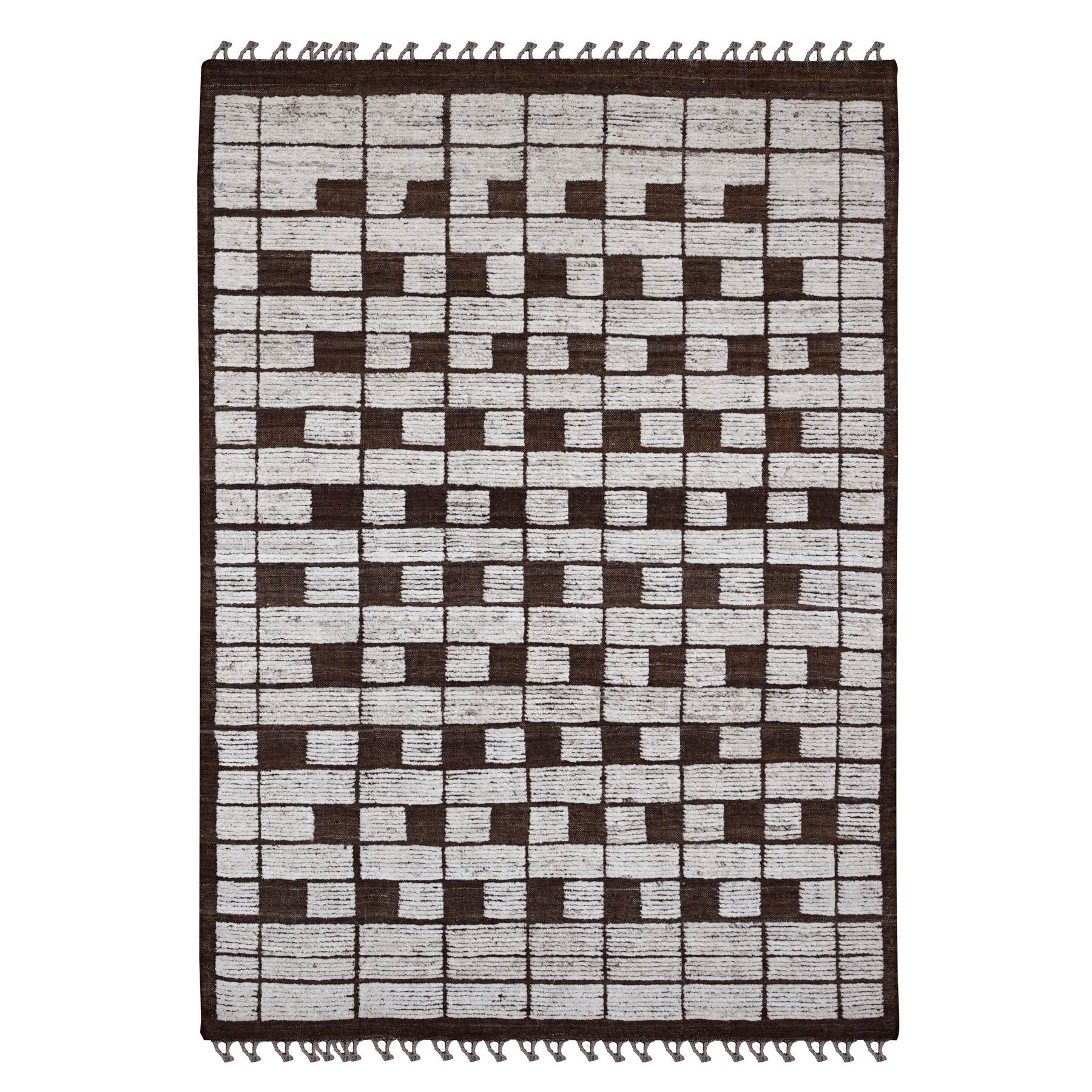 6'4"x9' Chocolate Brown, Moroccan Weave with Checkerboard Design, Soft Wool, Tone on Tone, Hand Knotted, Textured Pile, Oriental Rug HR20421