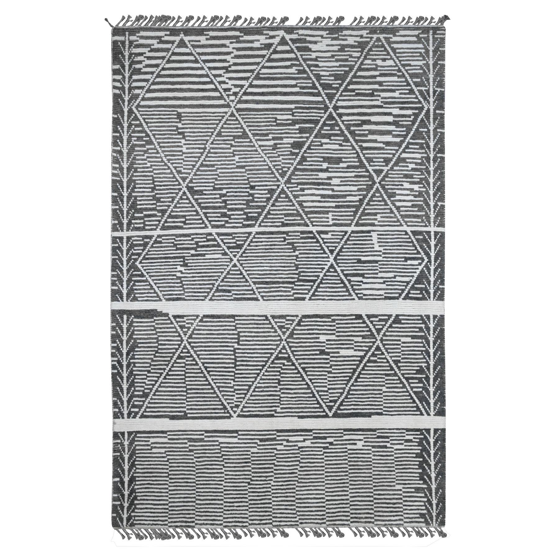 6'1"x9'4" Sonic Gray, Moroccan Weave with Intricate Dark and Light Motif, Hand Knotted, Textured Pile, Soft Wool, Tone on Tone, Oriental Rug HR20422