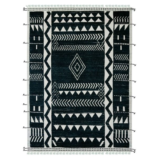 9'4"x12'10" Jade Black, Hand Knotted, Moroccan Weave with Geometric and Ethnic Design, Soft Wool, Tone on Tone, Textured Pile, Oriental Rug HR20524