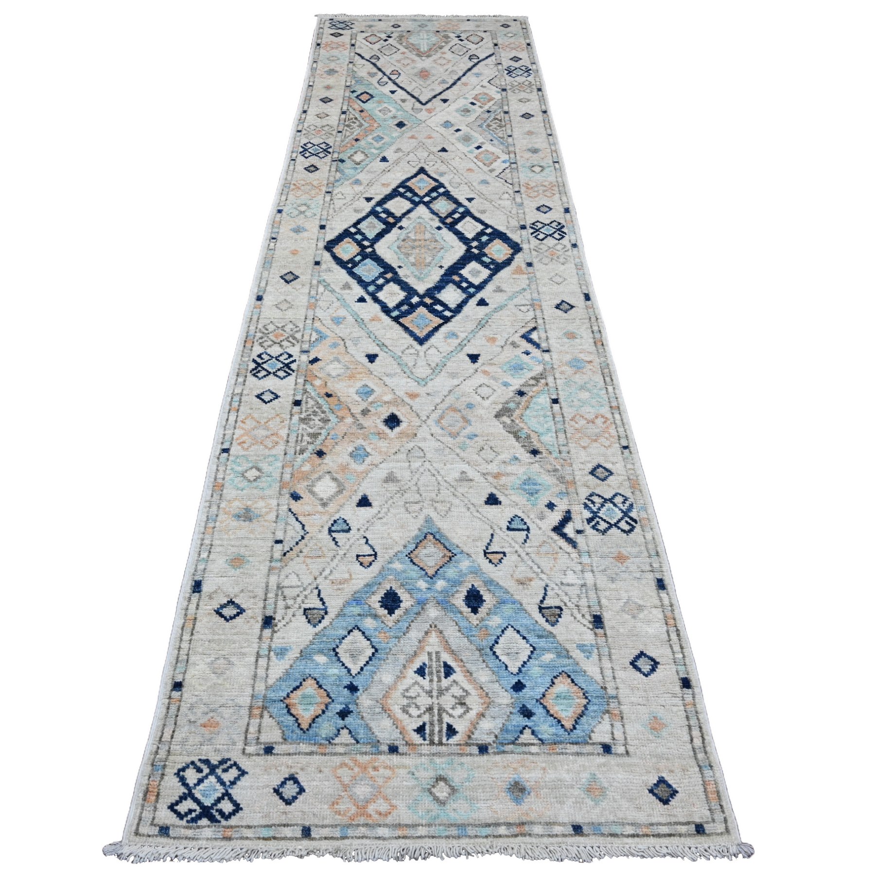 3'1"x11'8" Chiffon White, Anatolian Village Inspired Design with Geometric Pattern, High Mountain Wool, Vegetable Dyes, Hand Knotted, Runner, Oriental Rug HR20530