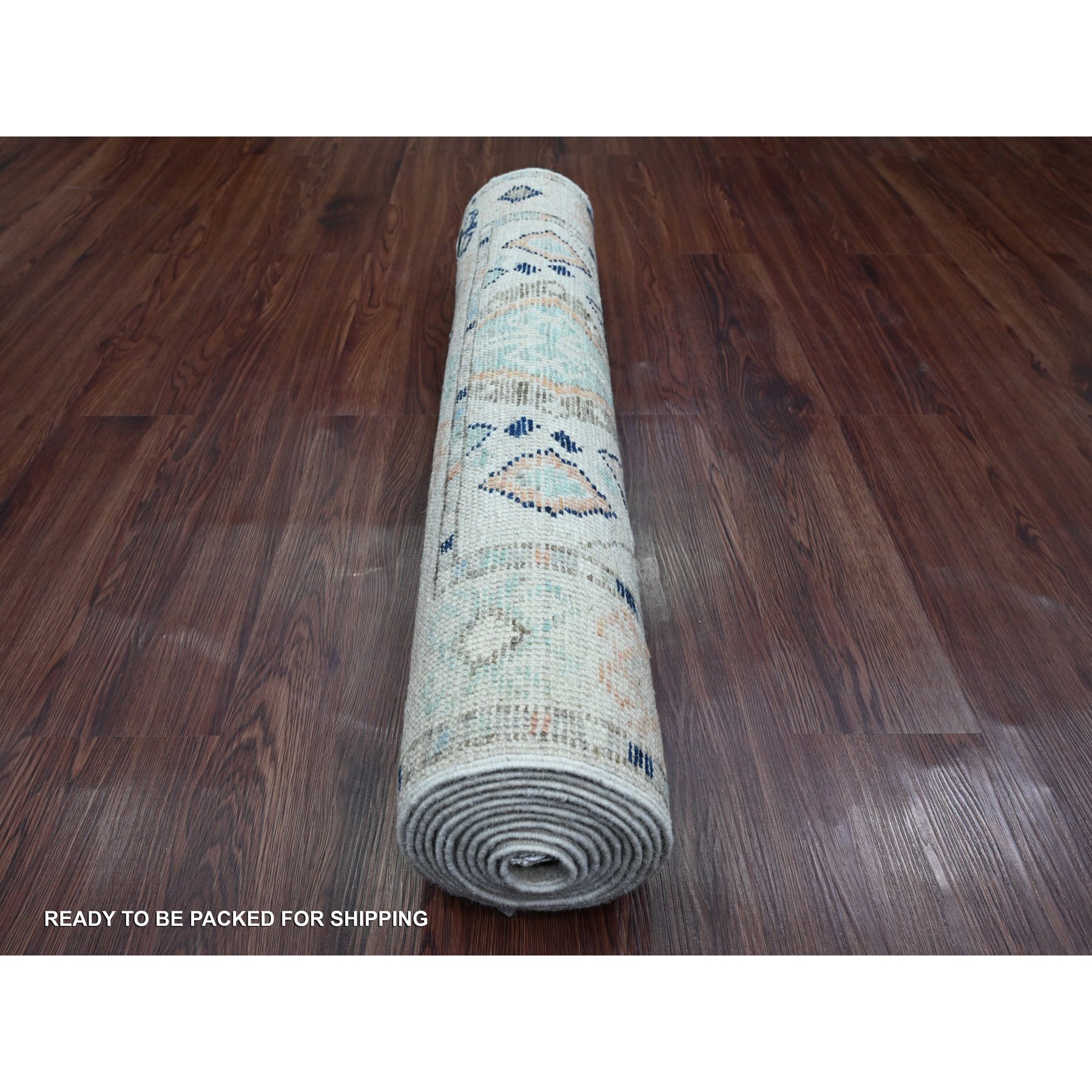3'1"x11'8" Chiffon White, Anatolian Village Inspired Design with Geometric Pattern, High Mountain Wool, Vegetable Dyes, Hand Knotted, Runner, Oriental Rug HR20530 - Image 4