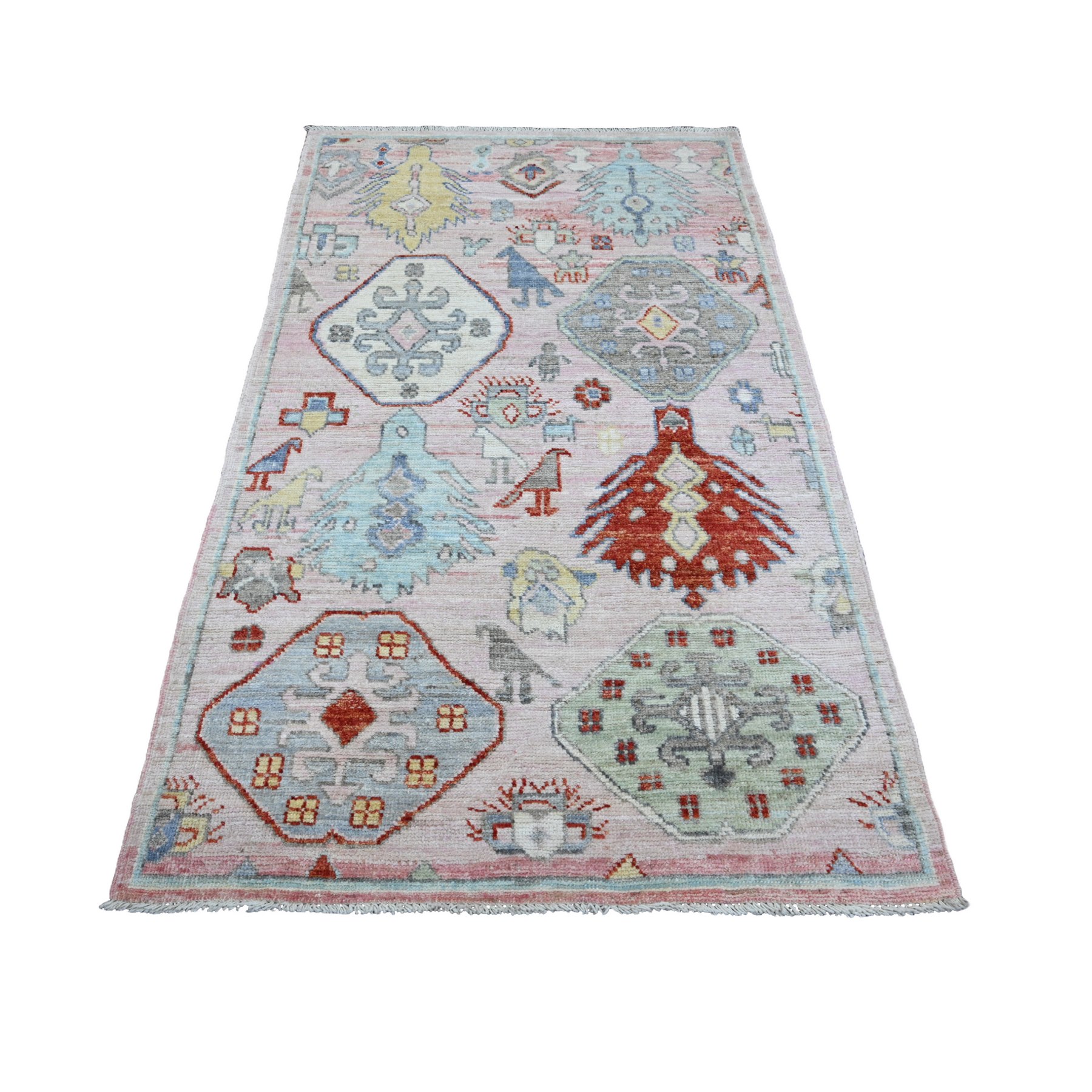 4'x6'2" Crepe Pink, Anatolian Village Inspired with Bird Figurines and Medallions Design, High Mountain Wool, Hand Knotted, Natural Dyes, Oriental Rug HR20534