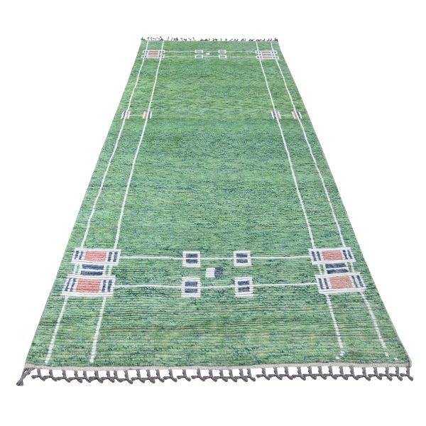 5'1"x12'3" Fern Green, Moroccan Weave with Line Design, Tone on Tone, Soft Wool, Hand Knotted, Textured Pile, Wide Runner, Oriental Rug HR20548