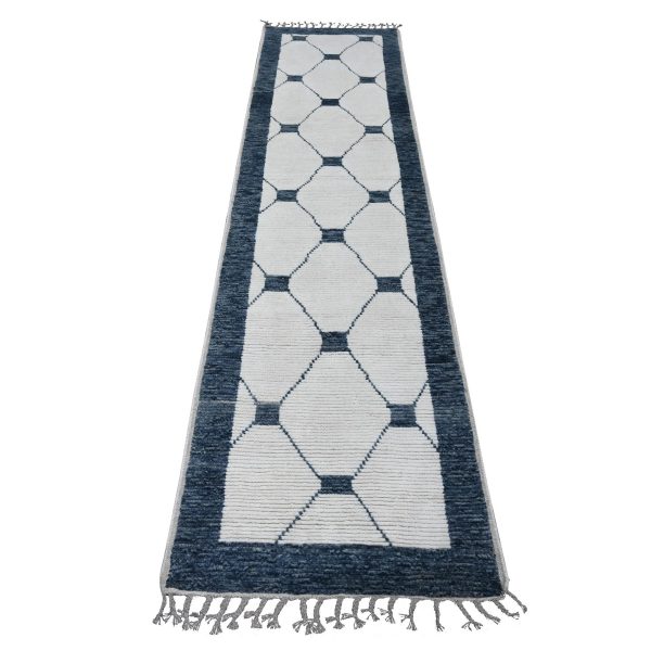 2'6"x10'4" Daisy White, Moroccan Weave with Geometric Pattern, Hand Knotted, Tone on Tone, Soft Wool, Textured Pile, Runner, Oriental Rug HR20552