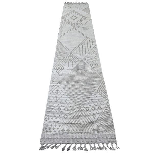 2'5"x14'3" Chiffon White, Moroccan Weave with Geometric Design, Tone on Tone, Hand Knotted, Soft Wool, Textured Pile, Runner, Oriental Rug HR20554