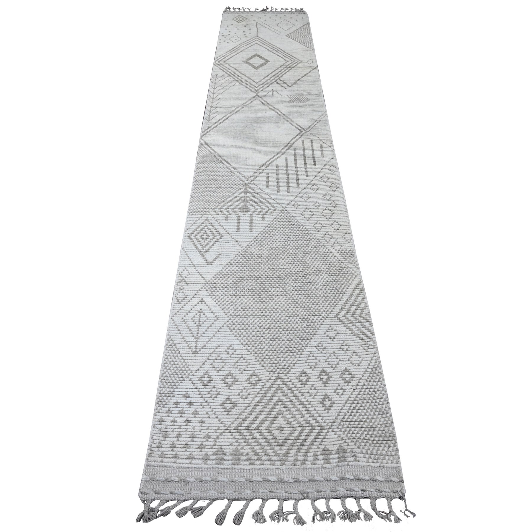 2'5"x14'3" Chiffon White, Moroccan Weave with Geometric Design, Tone on Tone, Hand Knotted, Soft Wool, Textured Pile, Runner, Oriental Rug HR20554