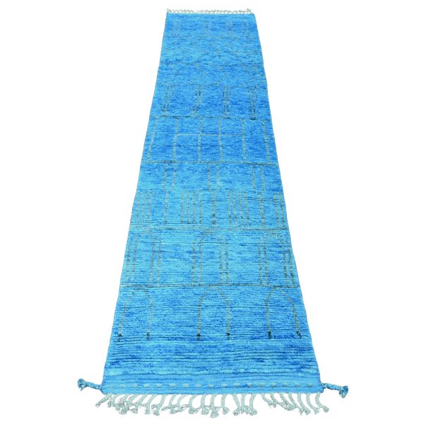 2'5"x10'3" Bayern Blue, Hand Knotted, Moroccan Weave with Geometric Pattern, Soft Wool, Tone on Tone, Textured Pile, Runner, Oriental Rug HR20620