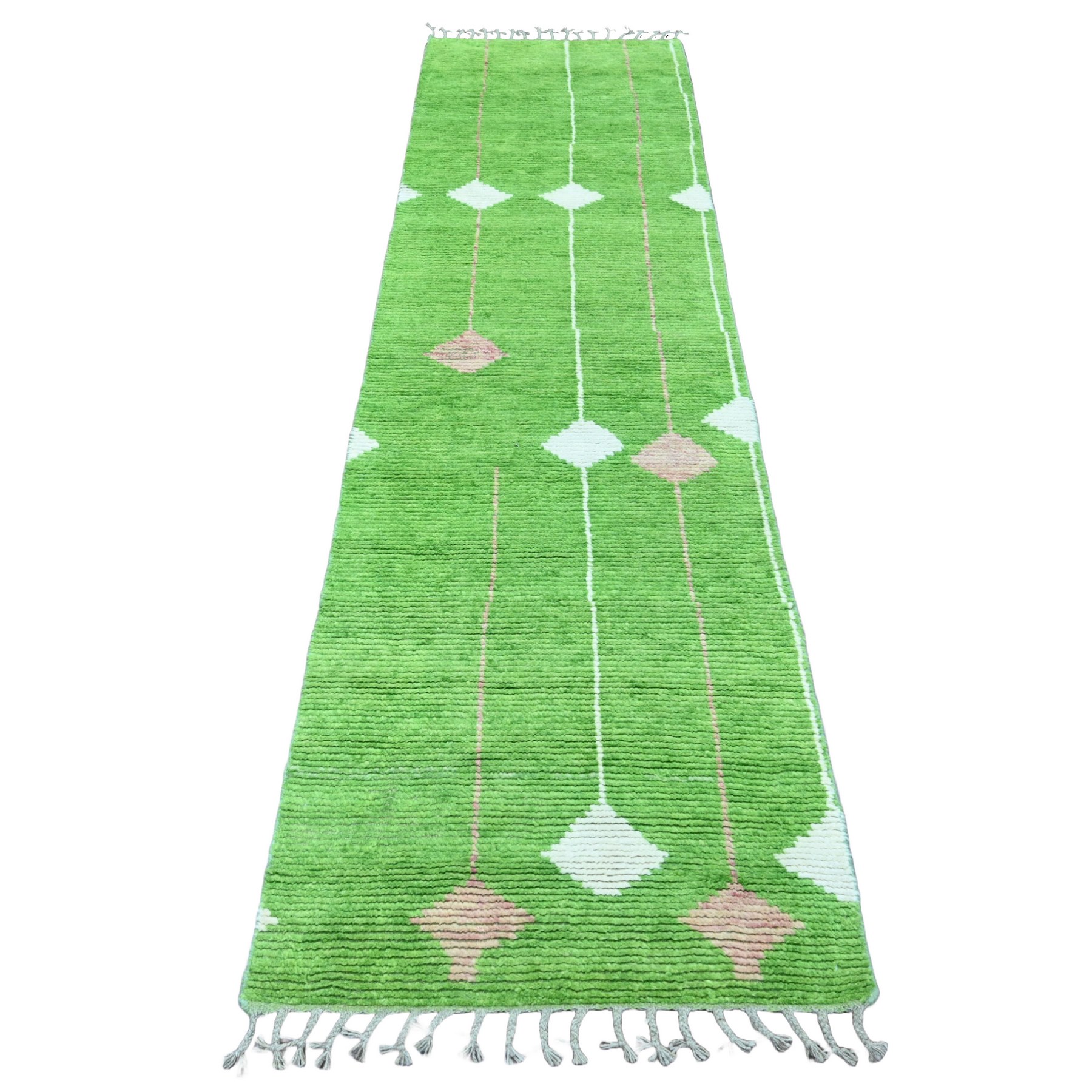 2'5"x9' Pear Green, Moroccan Weave with Geometric Design, Soft Wool, Hand Knotted, Tone on Tone, Textured Pile, Runner, Oriental Rug HR20621