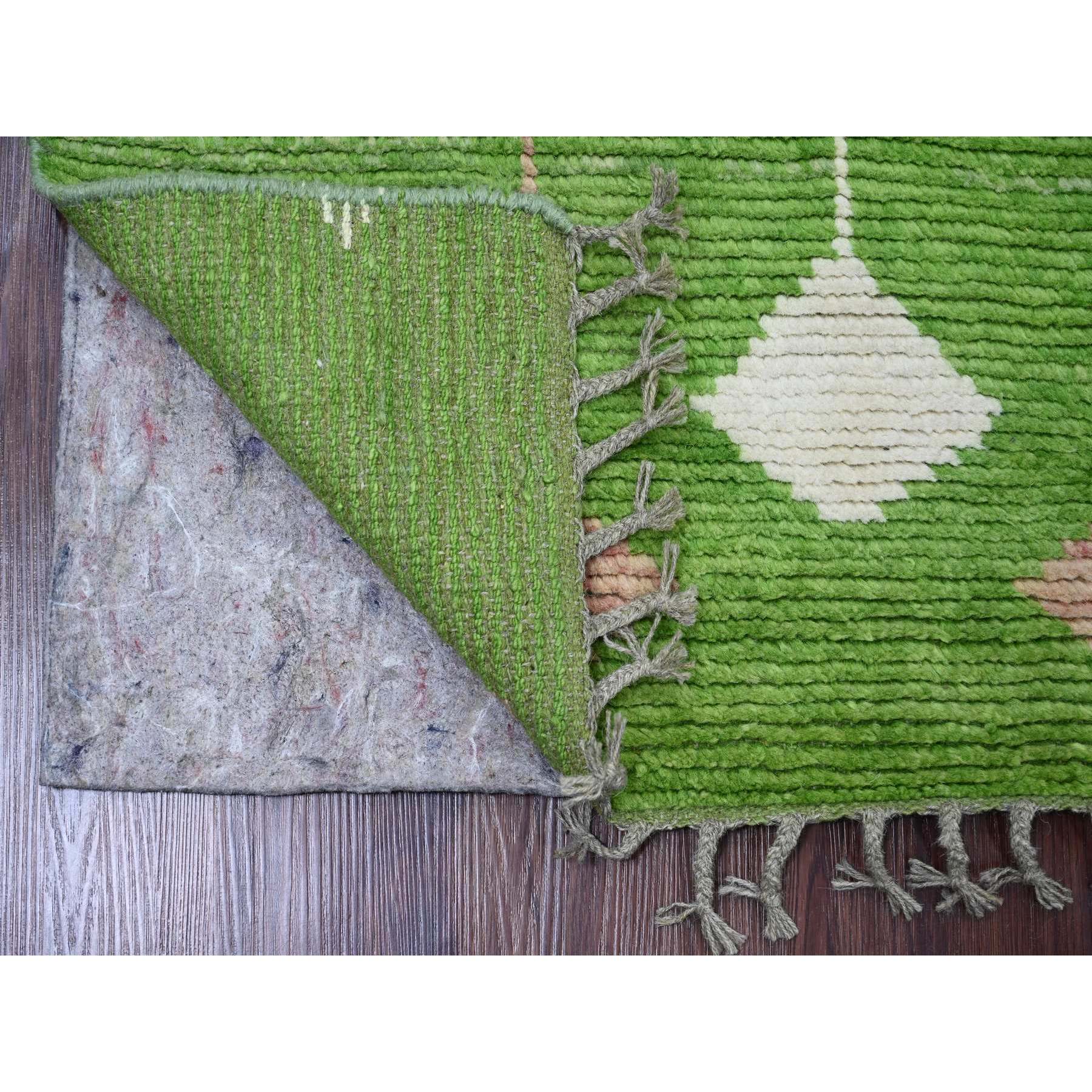 2'5"x9' Pear Green, Moroccan Weave with Geometric Design, Soft Wool, Hand Knotted, Tone on Tone, Textured Pile, Runner, Oriental Rug HR20621 - Image 2
