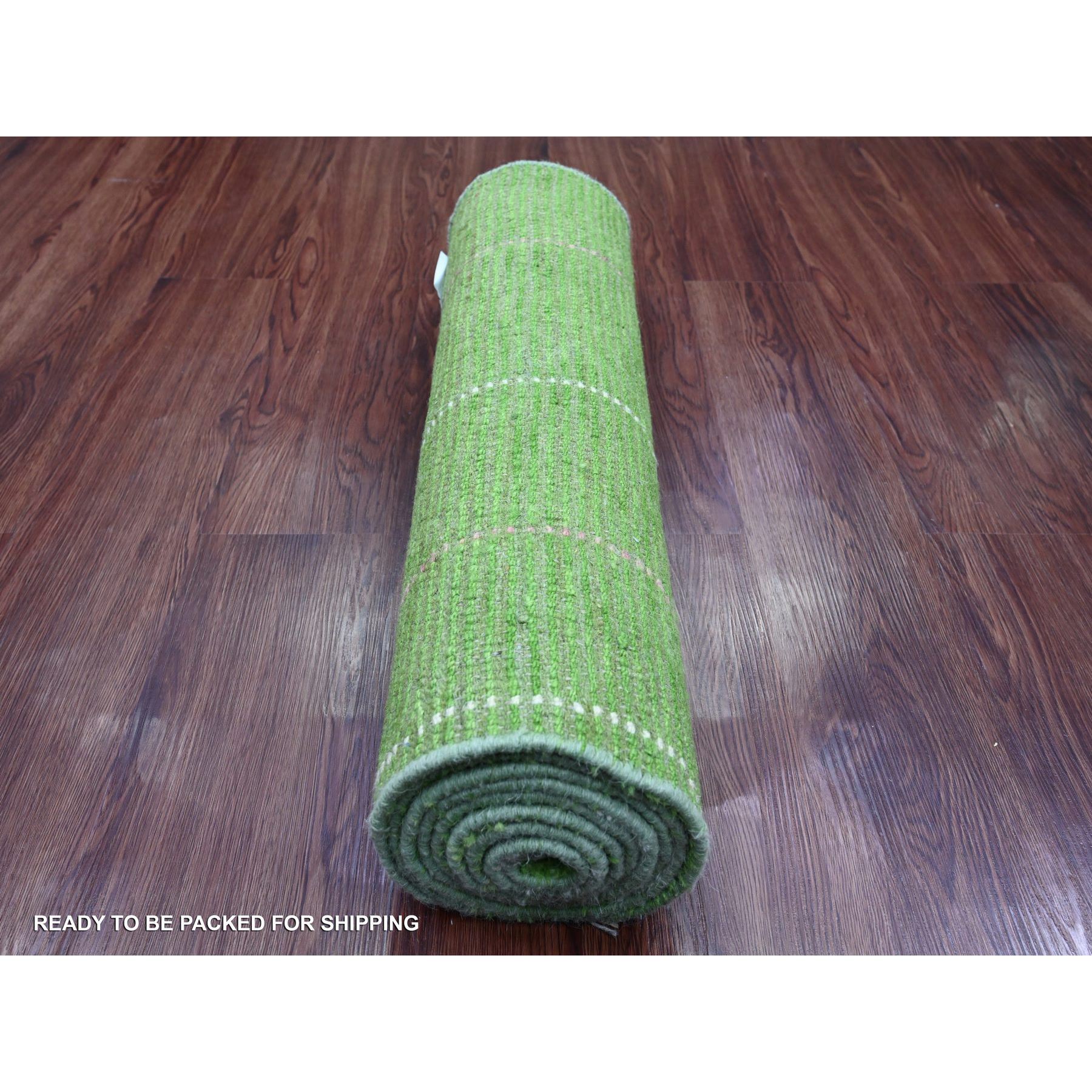 2'5"x9' Pear Green, Moroccan Weave with Geometric Design, Soft Wool, Hand Knotted, Tone on Tone, Textured Pile, Runner, Oriental Rug HR20621 - Image 4
