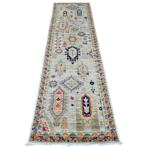 2'7"x9'8" Chiffon White, Aryana Collection, All Over Caucasian Gul Motifs, High Mountain Wool, Hand Knotted, Vegetable Dyes, Runner, Oriental Rug HR20632