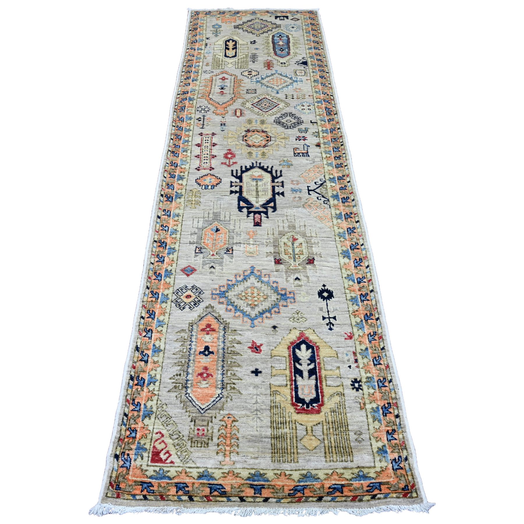 2'7"x9'8" Chiffon White, Aryana Collection, All Over Caucasian Gul Motifs, High Mountain Wool, Hand Knotted, Vegetable Dyes, Runner, Oriental Rug HR20632