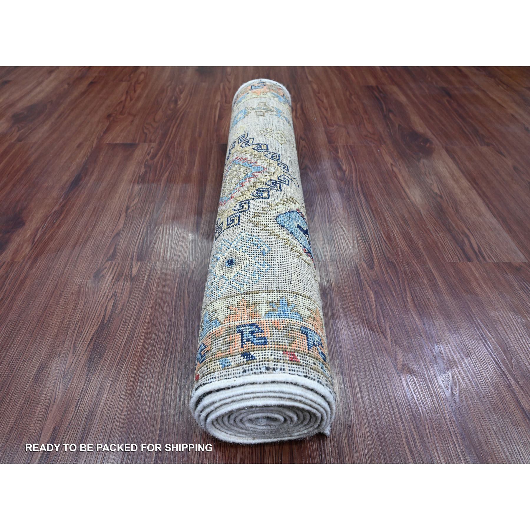 2'7"x9'8" Chiffon White, Aryana Collection, All Over Caucasian Gul Motifs, High Mountain Wool, Hand Knotted, Vegetable Dyes, Runner, Oriental Rug HR20632 - Image 4