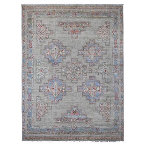 8'8"x11'8" Bone White, Peshawar with Berber Influence, Geometric Design, Denser Weave, High Mountain Wool, Hand Knotted, Oriental Rug HR20636