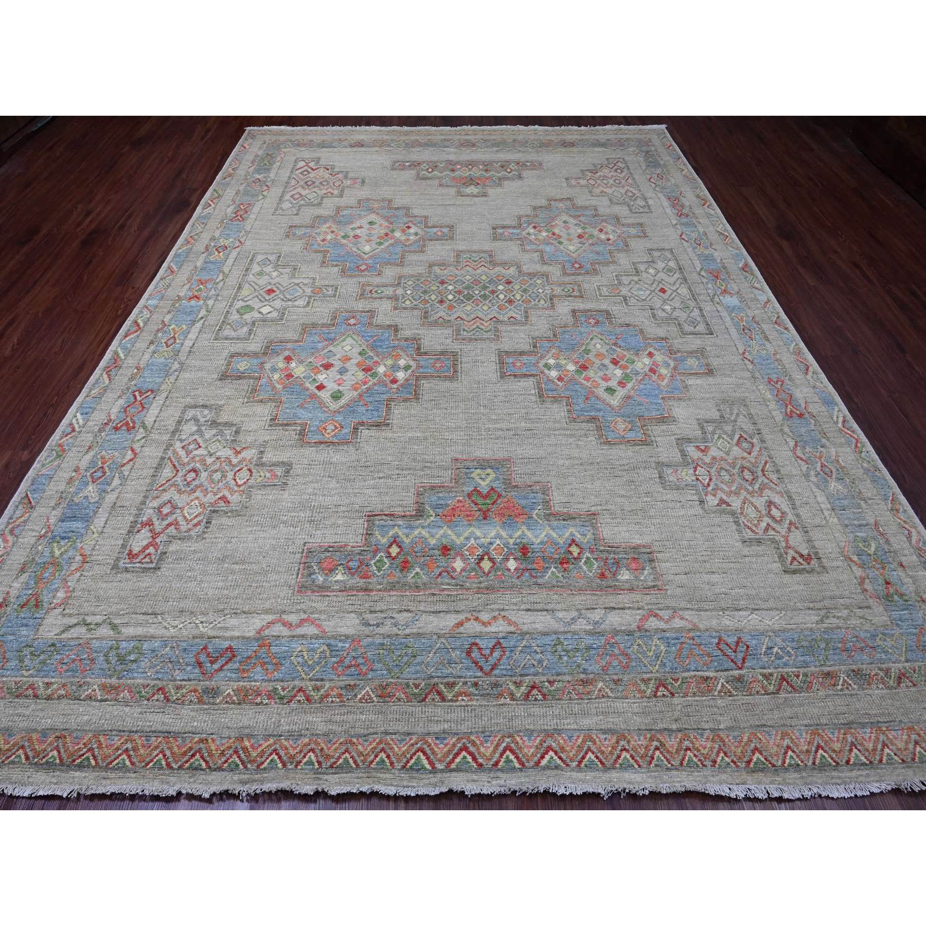 8'8"x11'8" Bone White, Peshawar with Berber Influence, Geometric Design, Denser Weave, High Mountain Wool, Hand Knotted, Oriental Rug HR20636 - Image 2