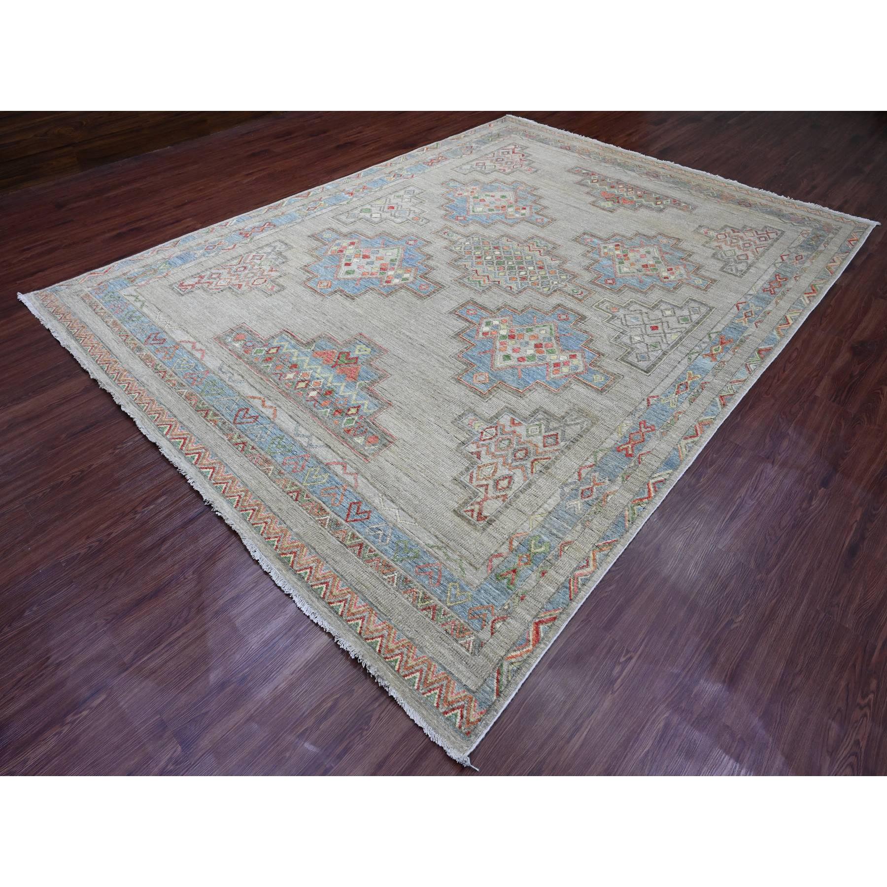 8'8"x11'8" Bone White, Peshawar with Berber Influence, Geometric Design, Denser Weave, High Mountain Wool, Hand Knotted, Oriental Rug HR20636 - Image 3