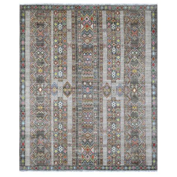 8'1"x9'6" Carbon Gray, Intricate Geometric Design, Berber Influence, Denser Weave, High Mountain Wool, Hand Knotted, Oriental Rug HR20637