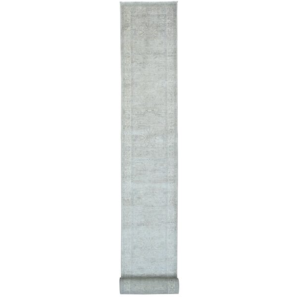 2'4"x29'3" Whisper White, Peshawar with Heriz All Over Design, Densely Woven, High Mountain Wool, Hand Knotted, XL Runner, Oriental Rug HR20650