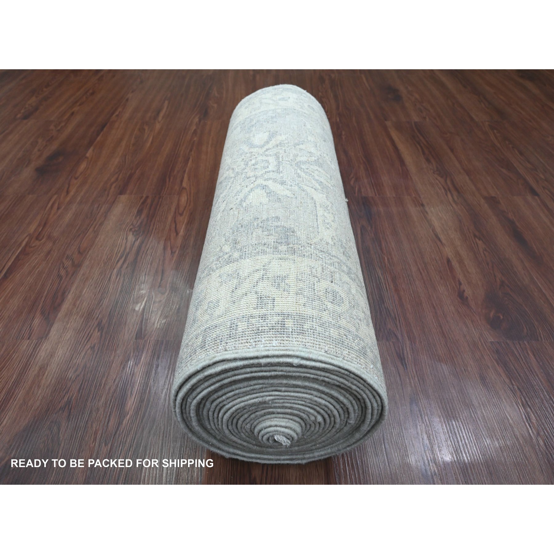 2'4"x29'3" Whisper White, Peshawar with Heriz All Over Design, Densely Woven, High Mountain Wool, Hand Knotted, XL Runner, Oriental Rug HR20650 - Image 4