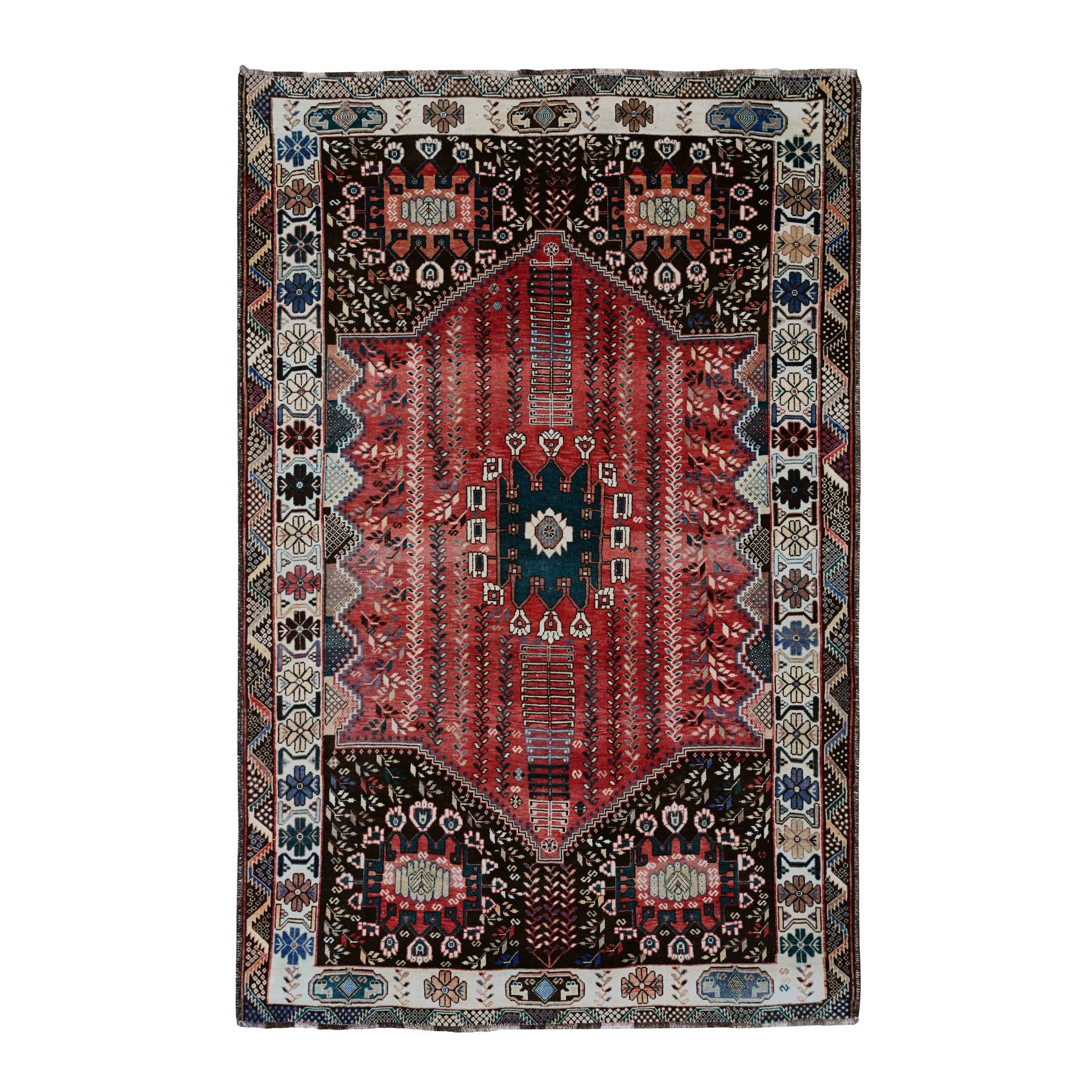 5'9"x9'1" Scarlet Red, Vintage Persian Shiraz with Tribal Design, Good Condition, Clean, Even Wear, Pure Wool, Hand Knotted, Oriental Rug HR20651