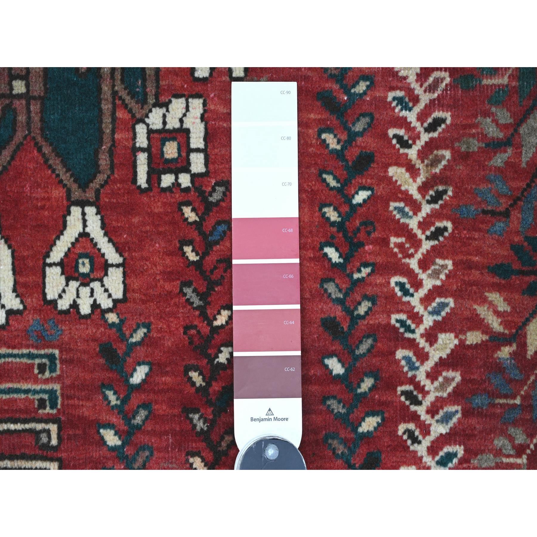5'9"x9'1" Scarlet Red, Vintage Persian Shiraz with Tribal Design, Good Condition, Clean, Even Wear, Pure Wool, Hand Knotted, Oriental Rug HR20651 - Image 3