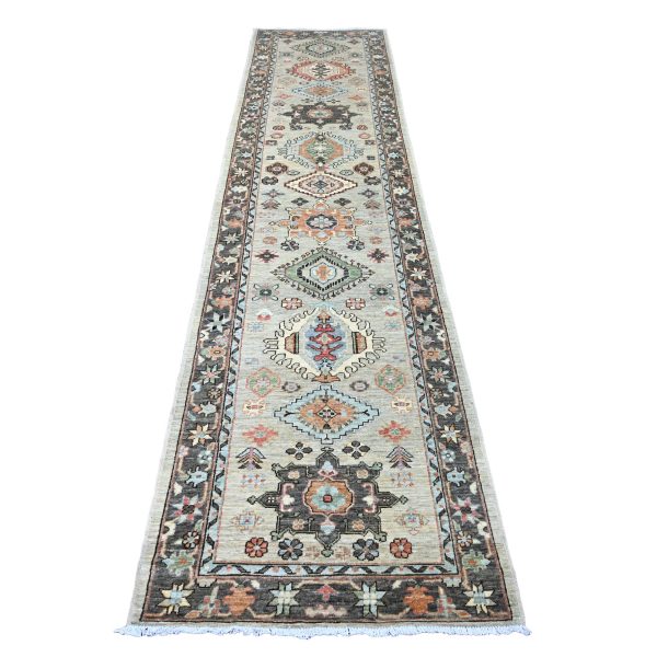 2'9"x12' Misty Gray, Peshawar with Karajeh Design, Vegetable Dyes, High Mountain Wool, Hand Knotted, Runner, Oriental Rug HR20677
